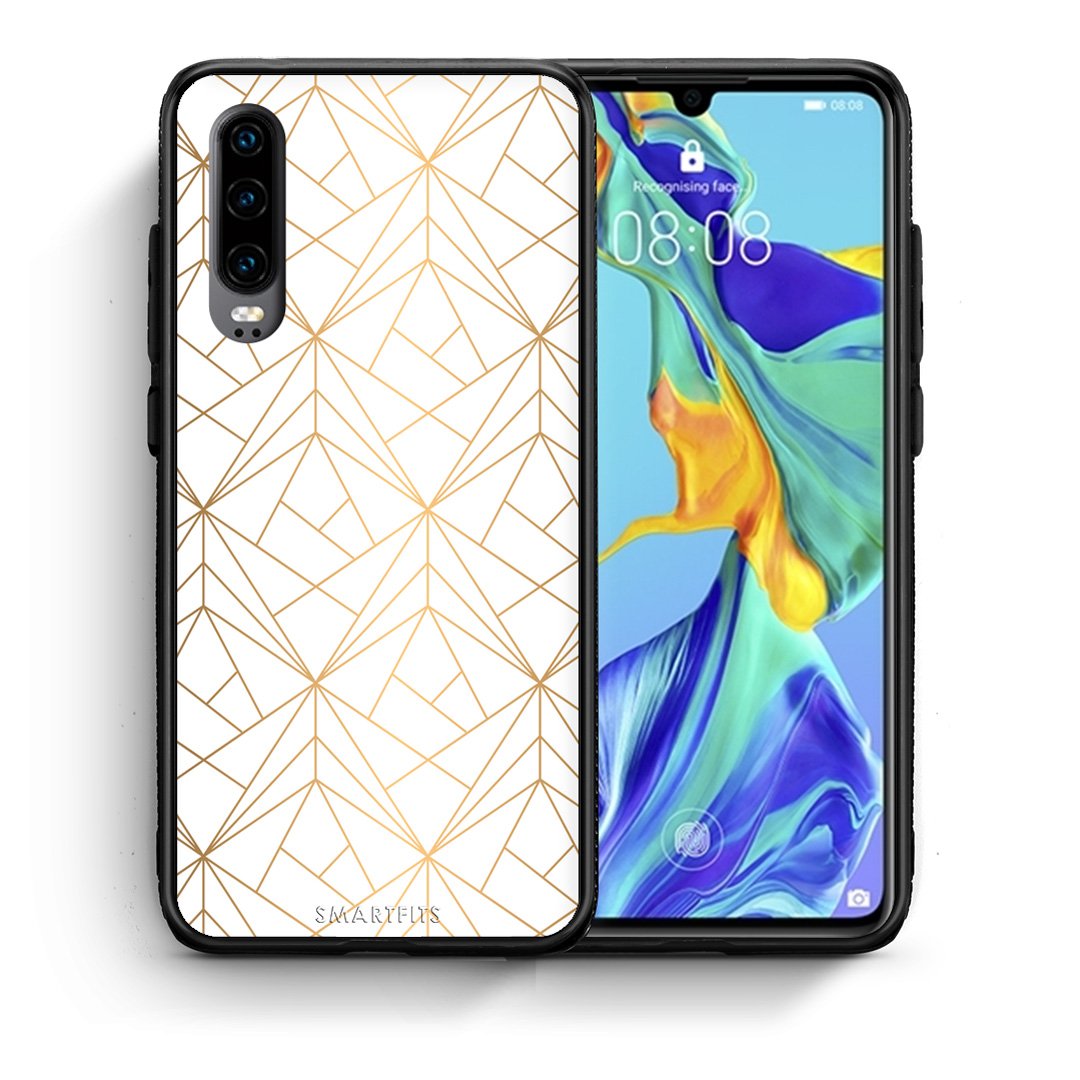 Θήκη Huawei P30 Luxury White Geometric από τη Smartfits με σχέδιο στο πίσω μέρος και μαύρο περίβλημα | Huawei P30 Luxury White Geometric case with colorful back and black bezels
