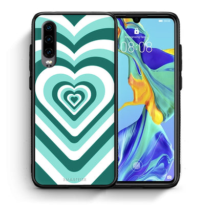 Θήκη Huawei P30 Green Hearts από τη Smartfits με σχέδιο στο πίσω μέρος και μαύρο περίβλημα | Huawei P30 Green Hearts case with colorful back and black bezels