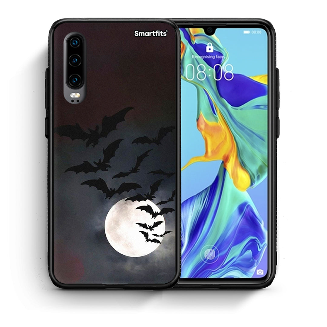 Θήκη Huawei P30 Halloween Bat Night από τη Smartfits με σχέδιο στο πίσω μέρος και μαύρο περίβλημα | Huawei P30 Halloween Bat Night case with colorful back and black bezels
