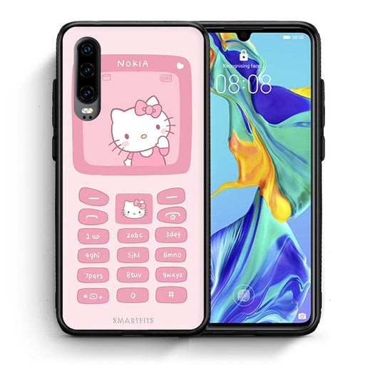 Θήκη Αγίου Βαλεντίνου Huawei P30 Hello Kitten από τη Smartfits με σχέδιο στο πίσω μέρος και μαύρο περίβλημα | Huawei P30 Hello Kitten case with colorful back and black bezels