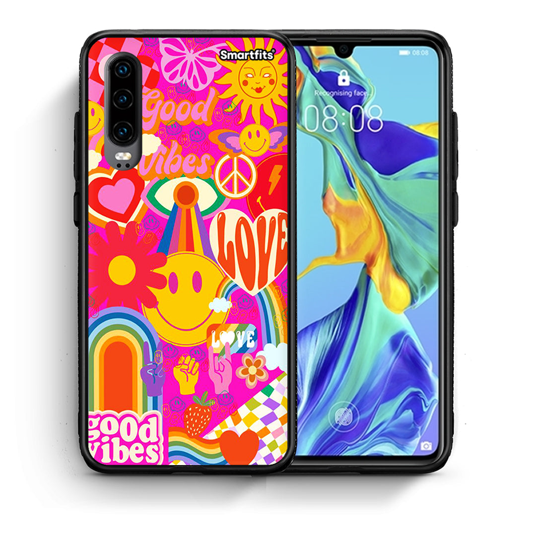 Θήκη Huawei P30 Hippie Love από τη Smartfits με σχέδιο στο πίσω μέρος και μαύρο περίβλημα | Huawei P30 Hippie Love case with colorful back and black bezels