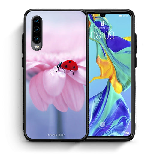 Θήκη Huawei P30 Ladybug Flower από τη Smartfits με σχέδιο στο πίσω μέρος και μαύρο περίβλημα | Huawei P30 Ladybug Flower case with colorful back and black bezels