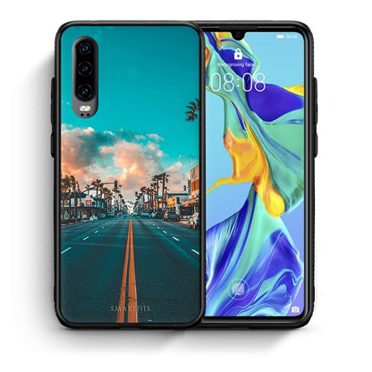 Θήκη Huawei P30 City Landscape από τη Smartfits με σχέδιο στο πίσω μέρος και μαύρο περίβλημα | Huawei P30 City Landscape case with colorful back and black bezels