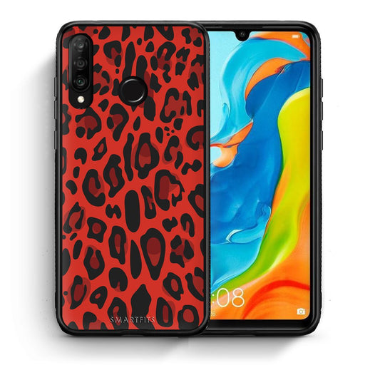 Θήκη Huawei P30 Lite Red Leopard Animal από τη Smartfits με σχέδιο στο πίσω μέρος και μαύρο περίβλημα | Huawei P30 Lite Red Leopard Animal case with colorful back and black bezels
