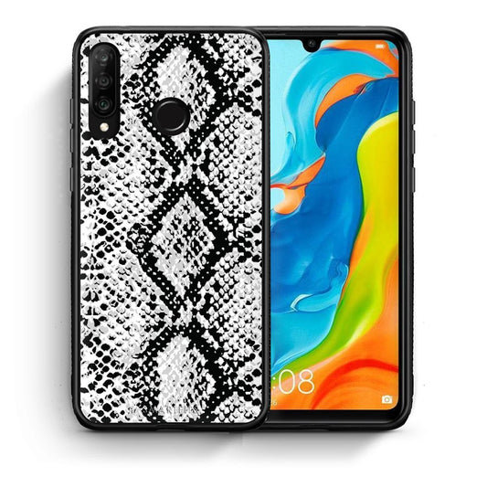 Θήκη Huawei P30 Lite White Snake Animal από τη Smartfits με σχέδιο στο πίσω μέρος και μαύρο περίβλημα | Huawei P30 Lite White Snake Animal case with colorful back and black bezels