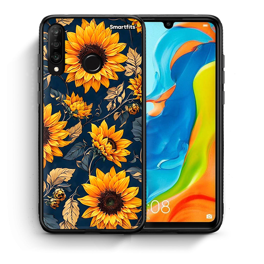 Θήκη Huawei P30 Lite Autumn Sunflowers από τη Smartfits με σχέδιο στο πίσω μέρος και μαύρο περίβλημα | Huawei P30 Lite Autumn Sunflowers case with colorful back and black bezels