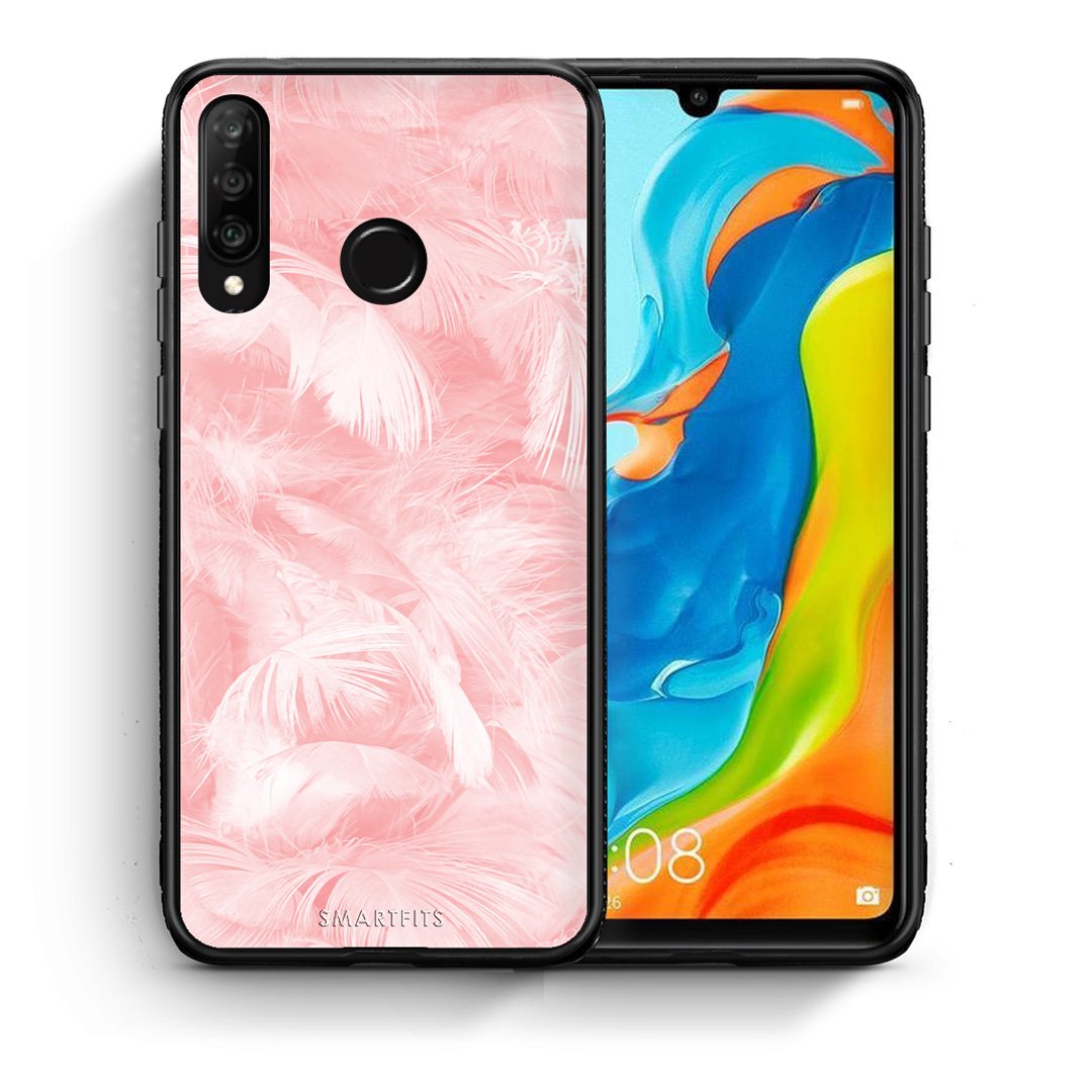 Θήκη Huawei P30 Lite Pink Feather Boho από τη Smartfits με σχέδιο στο πίσω μέρος και μαύρο περίβλημα | Huawei P30 Lite Pink Feather Boho case with colorful back and black bezels