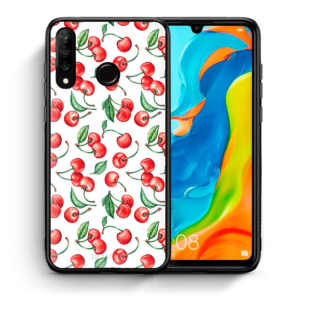 Θήκη Huawei P30 Lite Cherry Summer από τη Smartfits με σχέδιο στο πίσω μέρος και μαύρο περίβλημα | Huawei P30 Lite Cherry Summer case with colorful back and black bezels