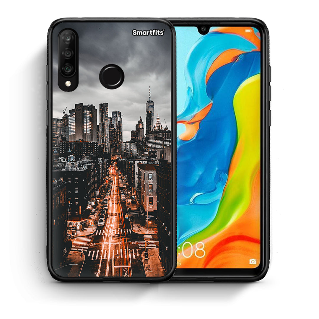 Θήκη Huawei P30 Lite City Lights από τη Smartfits με σχέδιο στο πίσω μέρος και μαύρο περίβλημα | Huawei P30 Lite City Lights case with colorful back and black bezels
