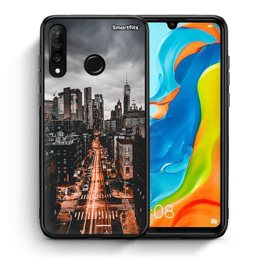 Θήκη Huawei P30 Lite City Lights από τη Smartfits με σχέδιο στο πίσω μέρος και μαύρο περίβλημα | Huawei P30 Lite City Lights case with colorful back and black bezels
