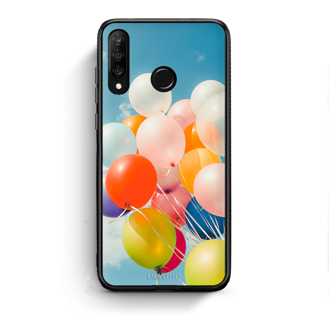 Huawei P30 Lite Colorful Balloons θήκη από τη Smartfits με σχέδιο στο πίσω μέρος και μαύρο περίβλημα | Smartphone case with colorful back and black bezels by Smartfits