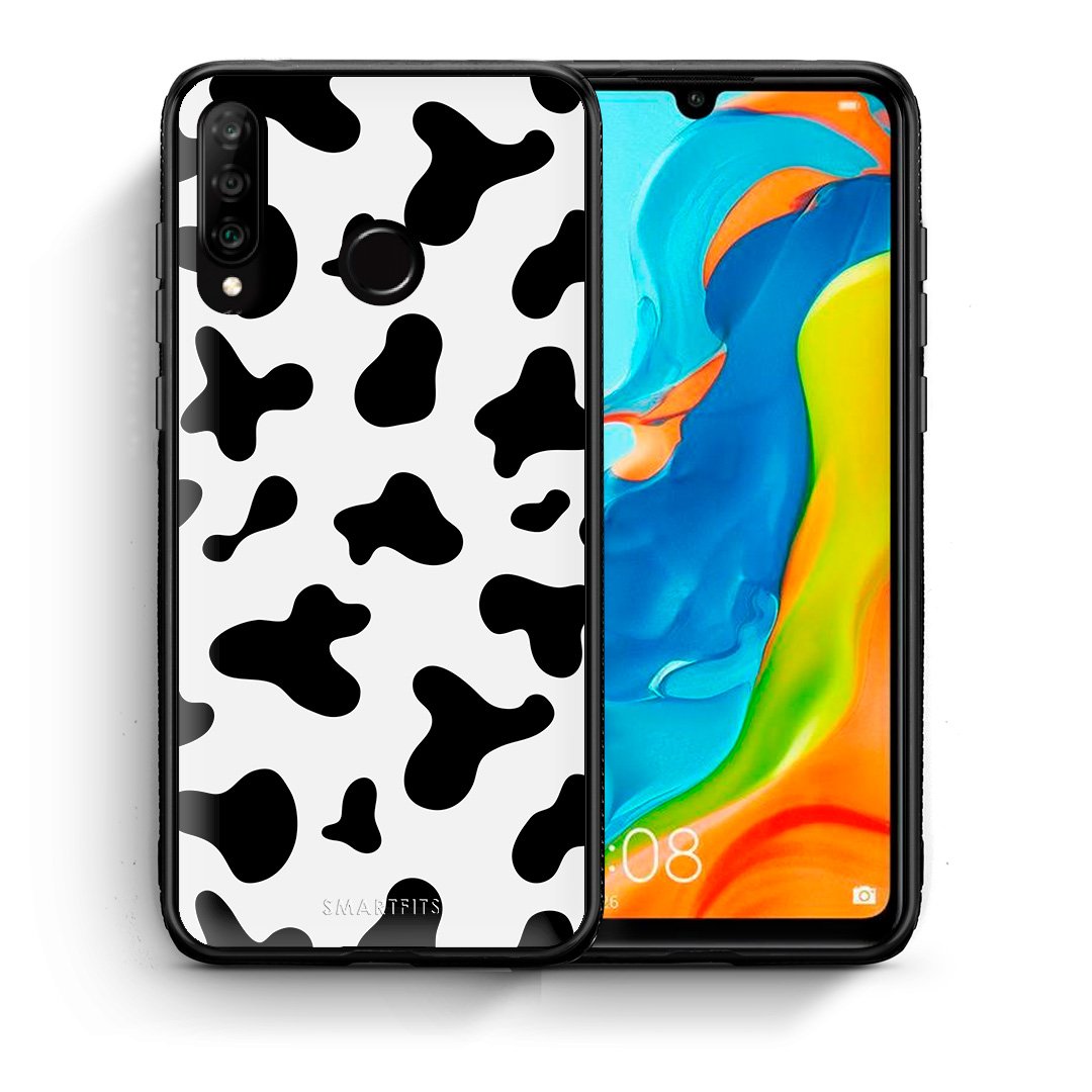 Θήκη Huawei P30 Lite Cow Print από τη Smartfits με σχέδιο στο πίσω μέρος και μαύρο περίβλημα | Huawei P30 Lite Cow Print case with colorful back and black bezels