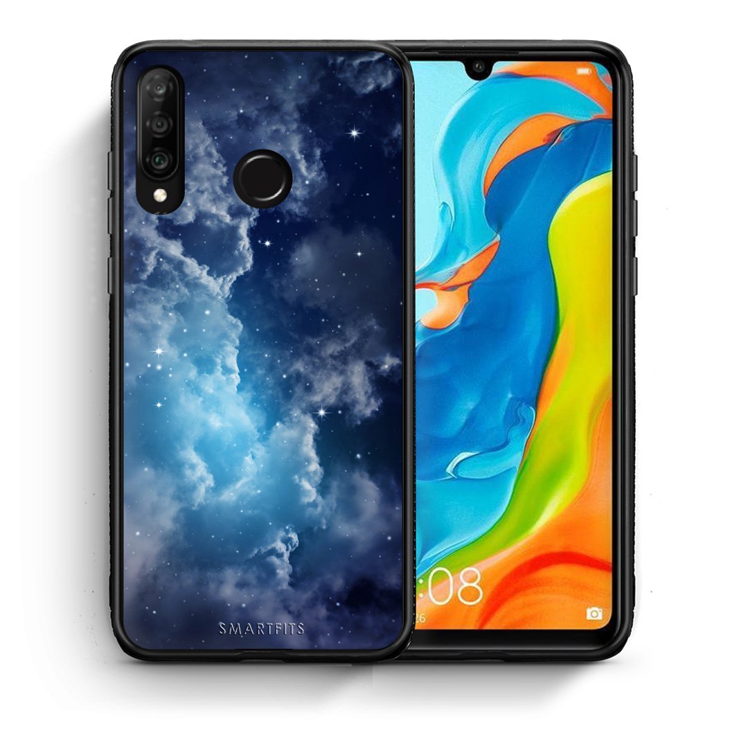 Θήκη Huawei P30 Lite Blue Sky Galaxy από τη Smartfits με σχέδιο στο πίσω μέρος και μαύρο περίβλημα | Huawei P30 Lite Blue Sky Galaxy case with colorful back and black bezels