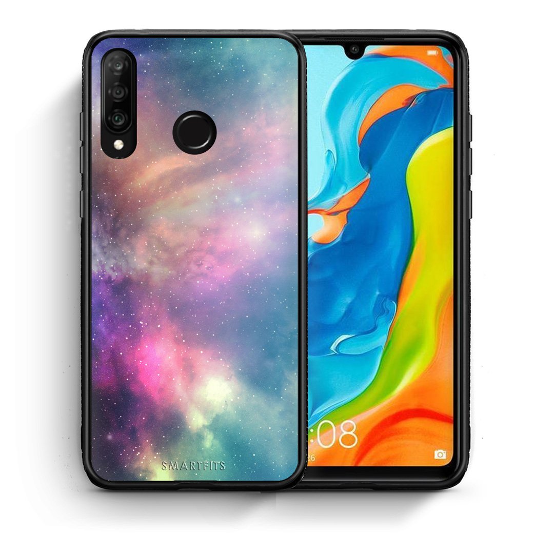 Θήκη Huawei P30 Lite Rainbow Galaxy από τη Smartfits με σχέδιο στο πίσω μέρος και μαύρο περίβλημα | Huawei P30 Lite Rainbow Galaxy case with colorful back and black bezels