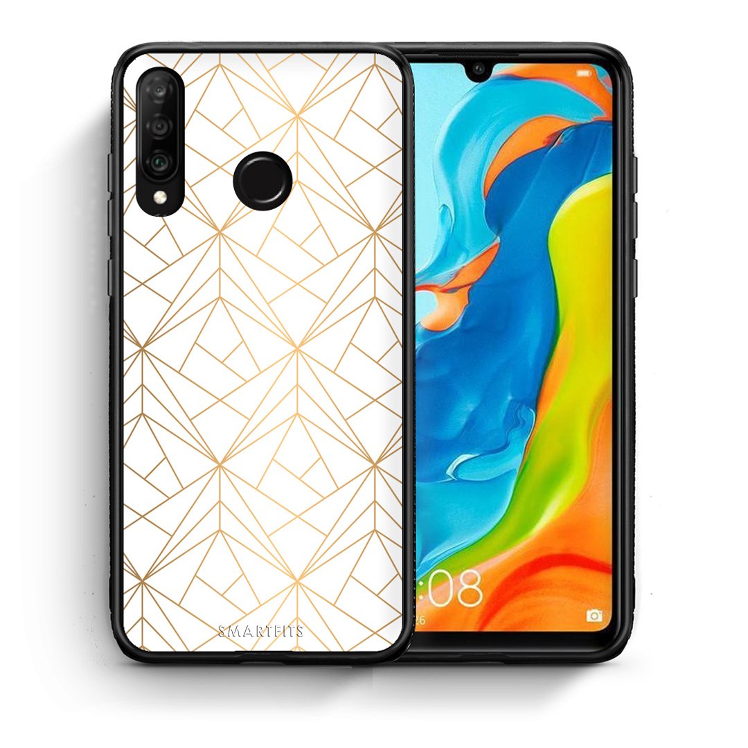 Θήκη Huawei P30 Lite Luxury White Geometric από τη Smartfits με σχέδιο στο πίσω μέρος και μαύρο περίβλημα | Huawei P30 Lite Luxury White Geometric case with colorful back and black bezels