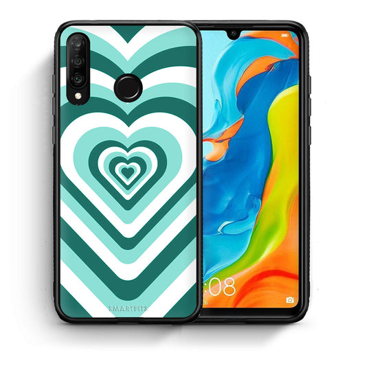 Θήκη Huawei P30 Lite Green Hearts από τη Smartfits με σχέδιο στο πίσω μέρος και μαύρο περίβλημα | Huawei P30 Lite Green Hearts case with colorful back and black bezels