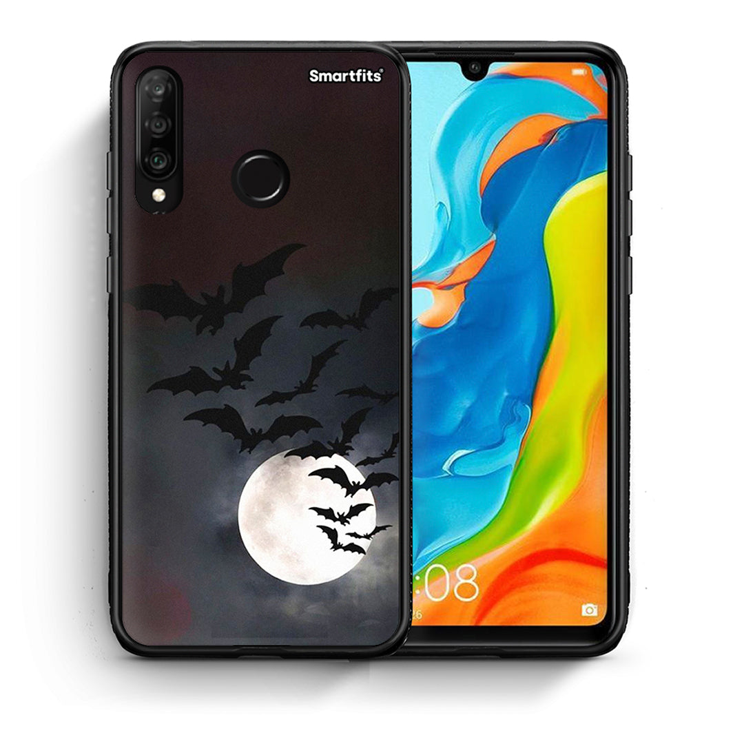 Θήκη Huawei P30 Lite Halloween Bat Night από τη Smartfits με σχέδιο στο πίσω μέρος και μαύρο περίβλημα | Huawei P30 Lite Halloween Bat Night case with colorful back and black bezels