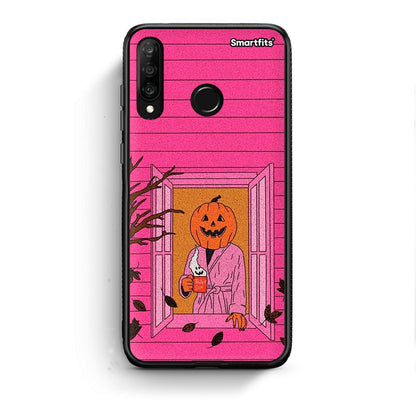 Huawei P30 Lite Halloween Pumpkin Lady Θήκη από τη Smartfits με σχέδιο στο πίσω μέρος και μαύρο περίβλημα | Smartphone case with colorful back and black bezels by Smartfits