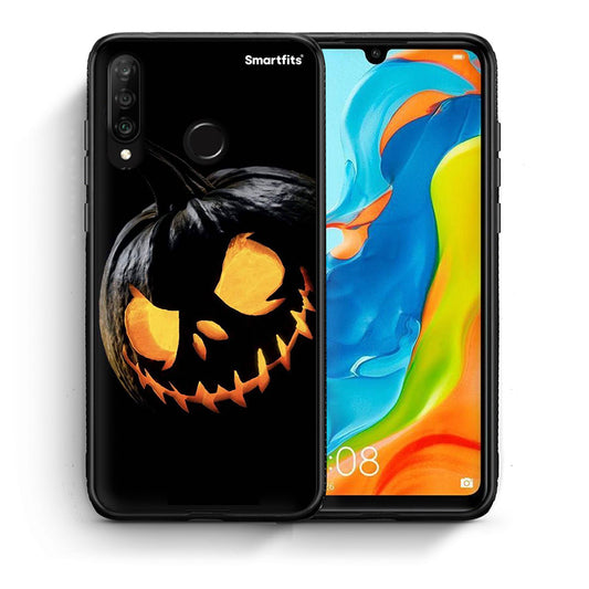 Θήκη Huawei P30 Lite Halloween Scary Pumpkin από τη Smartfits με σχέδιο στο πίσω μέρος και μαύρο περίβλημα | Huawei P30 Lite Halloween Scary Pumpkin case with colorful back and black bezels