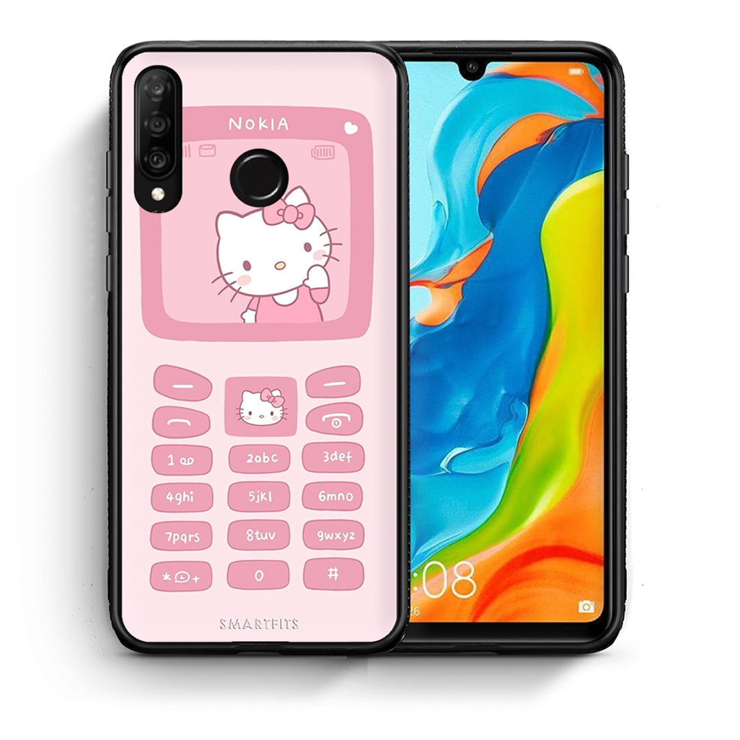 Θήκη Αγίου Βαλεντίνου Huawei P30 Lite Hello Kitten από τη Smartfits με σχέδιο στο πίσω μέρος και μαύρο περίβλημα | Huawei P30 Lite Hello Kitten case with colorful back and black bezels