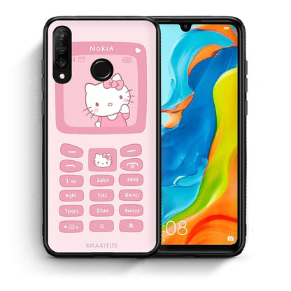 Θήκη Αγίου Βαλεντίνου Huawei P30 Lite Hello Kitten από τη Smartfits με σχέδιο στο πίσω μέρος και μαύρο περίβλημα | Huawei P30 Lite Hello Kitten case with colorful back and black bezels