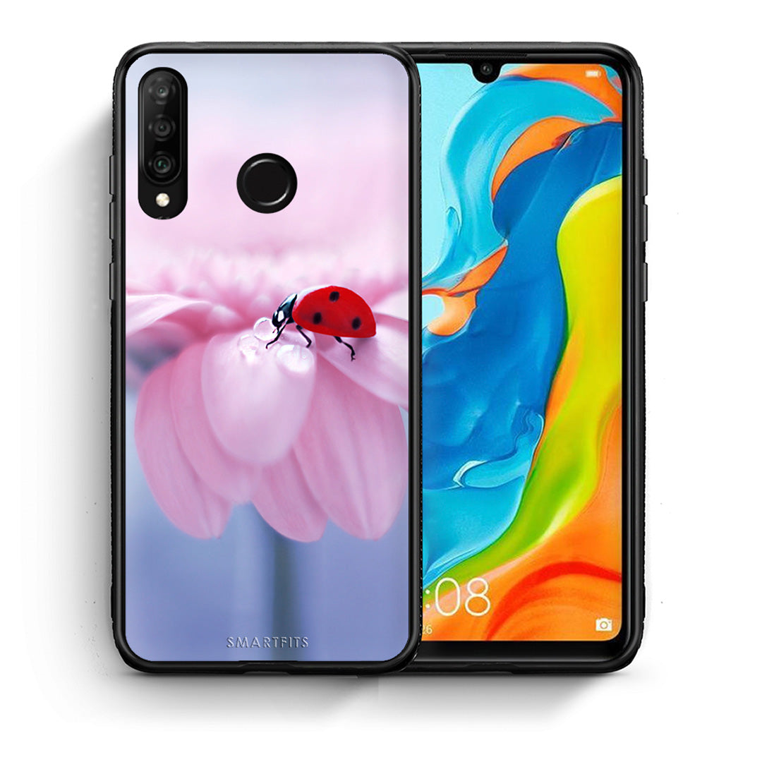 Θήκη Huawei P30 Lite Ladybug Flower από τη Smartfits με σχέδιο στο πίσω μέρος και μαύρο περίβλημα | Huawei P30 Lite Ladybug Flower case with colorful back and black bezels