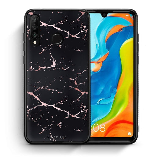 Θήκη Huawei P30 Lite Black Rosegold Marble από τη Smartfits με σχέδιο στο πίσω μέρος και μαύρο περίβλημα | Huawei P30 Lite Black Rosegold Marble case with colorful back and black bezels