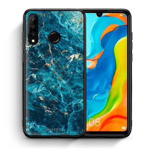 Θήκη Huawei P30 Lite Marble Blue από τη Smartfits με σχέδιο στο πίσω μέρος και μαύρο περίβλημα | Huawei P30 Lite Marble Blue case with colorful back and black bezels