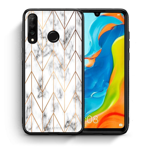 Θήκη Huawei P30 Lite Gold Geometric Marble από τη Smartfits με σχέδιο στο πίσω μέρος και μαύρο περίβλημα | Huawei P30 Lite Gold Geometric Marble case with colorful back and black bezels
