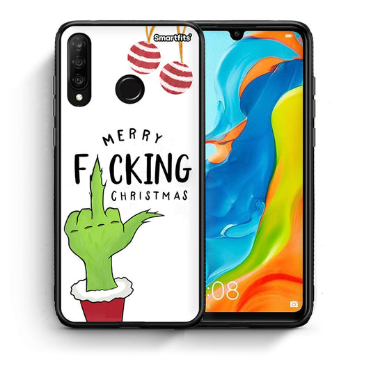 Θήκη Huawei P30 Lite Merry F Xmas από τη Smartfits με σχέδιο στο πίσω μέρος και μαύρο περίβλημα | Huawei P30 Lite Merry F Xmas case with colorful back and black bezels