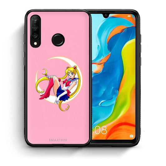 Θήκη Huawei P30 Lite Moon Girl από τη Smartfits με σχέδιο στο πίσω μέρος και μαύρο περίβλημα | Huawei P30 Lite Moon Girl case with colorful back and black bezels