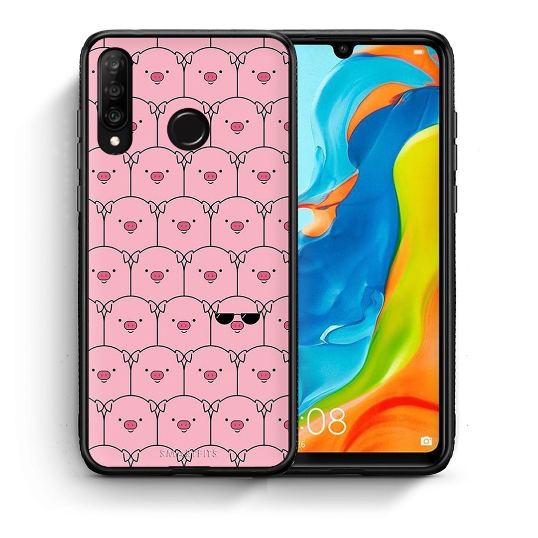 Θήκη Huawei P30 Lite Pig Glasses από τη Smartfits με σχέδιο στο πίσω μέρος και μαύρο περίβλημα | Huawei P30 Lite Pig Glasses case with colorful back and black bezels