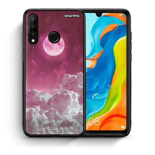 Θήκη Huawei P30 Lite Pink Moon από τη Smartfits με σχέδιο στο πίσω μέρος και μαύρο περίβλημα | Huawei P30 Lite Pink Moon case with colorful back and black bezels