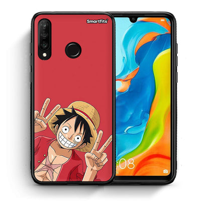 Θήκη Huawei P30 Lite Pirate Luffy από τη Smartfits με σχέδιο στο πίσω μέρος και μαύρο περίβλημα | Huawei P30 Lite Pirate Luffy case with colorful back and black bezels