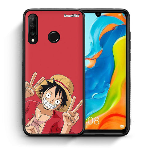 Θήκη Huawei P30 Lite Pirate Luffy από τη Smartfits με σχέδιο στο πίσω μέρος και μαύρο περίβλημα | Huawei P30 Lite Pirate Luffy case with colorful back and black bezels