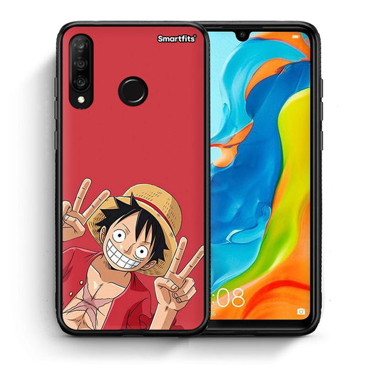 Θήκη Huawei P30 Lite Pirate Luffy από τη Smartfits με σχέδιο στο πίσω μέρος και μαύρο περίβλημα | Huawei P30 Lite Pirate Luffy case with colorful back and black bezels