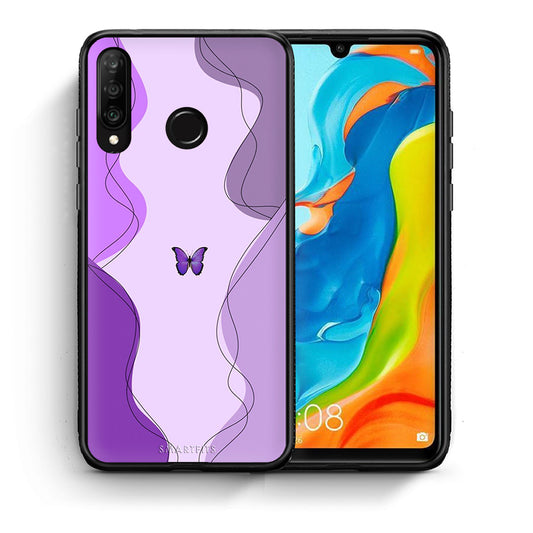 Θήκη Αγίου Βαλεντίνου Huawei P30 Lite Purple Mariposa από τη Smartfits με σχέδιο στο πίσω μέρος και μαύρο περίβλημα | Huawei P30 Lite Purple Mariposa case with colorful back and black bezels