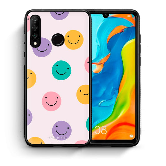 Θήκη Huawei P30 Lite Smiley Faces από τη Smartfits με σχέδιο στο πίσω μέρος και μαύρο περίβλημα | Huawei P30 Lite Smiley Faces case with colorful back and black bezels