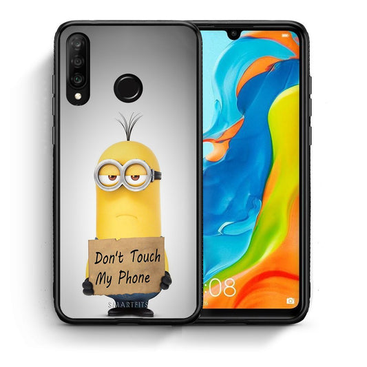 Θήκη Huawei P30 Lite Minion Text από τη Smartfits με σχέδιο στο πίσω μέρος και μαύρο περίβλημα | Huawei P30 Lite Minion Text case with colorful back and black bezels
