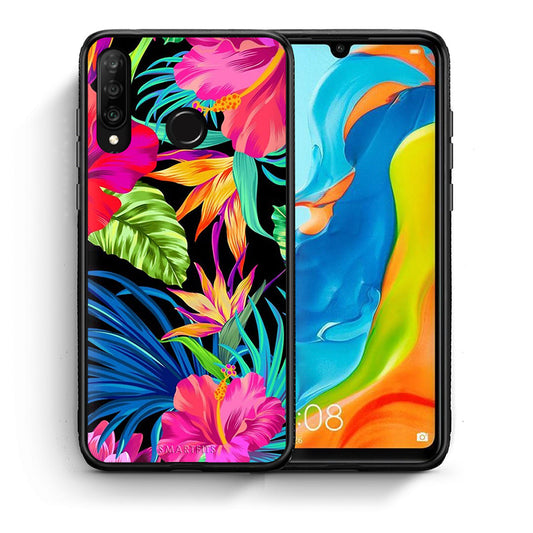 Θήκη Huawei P30 Lite Tropical Flowers από τη Smartfits με σχέδιο στο πίσω μέρος και μαύρο περίβλημα | Huawei P30 Lite Tropical Flowers case with colorful back and black bezels