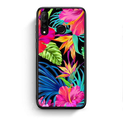 Huawei P30 Lite Tropical Flowers θήκη από τη Smartfits με σχέδιο στο πίσω μέρος και μαύρο περίβλημα | Smartphone case with colorful back and black bezels by Smartfits