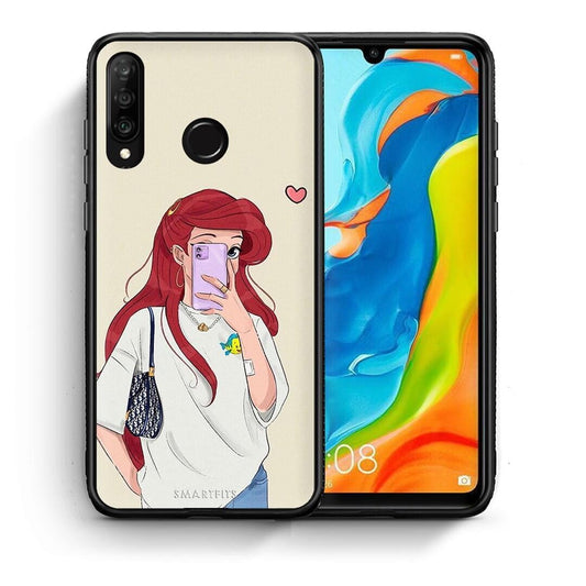 Θήκη Huawei P30 Lite Walking Mermaid από τη Smartfits με σχέδιο στο πίσω μέρος και μαύρο περίβλημα | Huawei P30 Lite Walking Mermaid case with colorful back and black bezels
