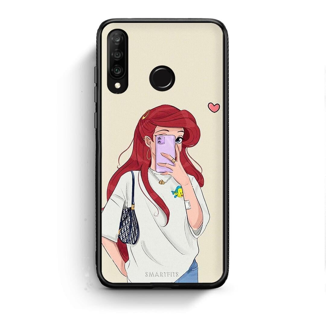 Huawei P30 Lite Walking Mermaid Θήκη από τη Smartfits με σχέδιο στο πίσω μέρος και μαύρο περίβλημα | Smartphone case with colorful back and black bezels by Smartfits