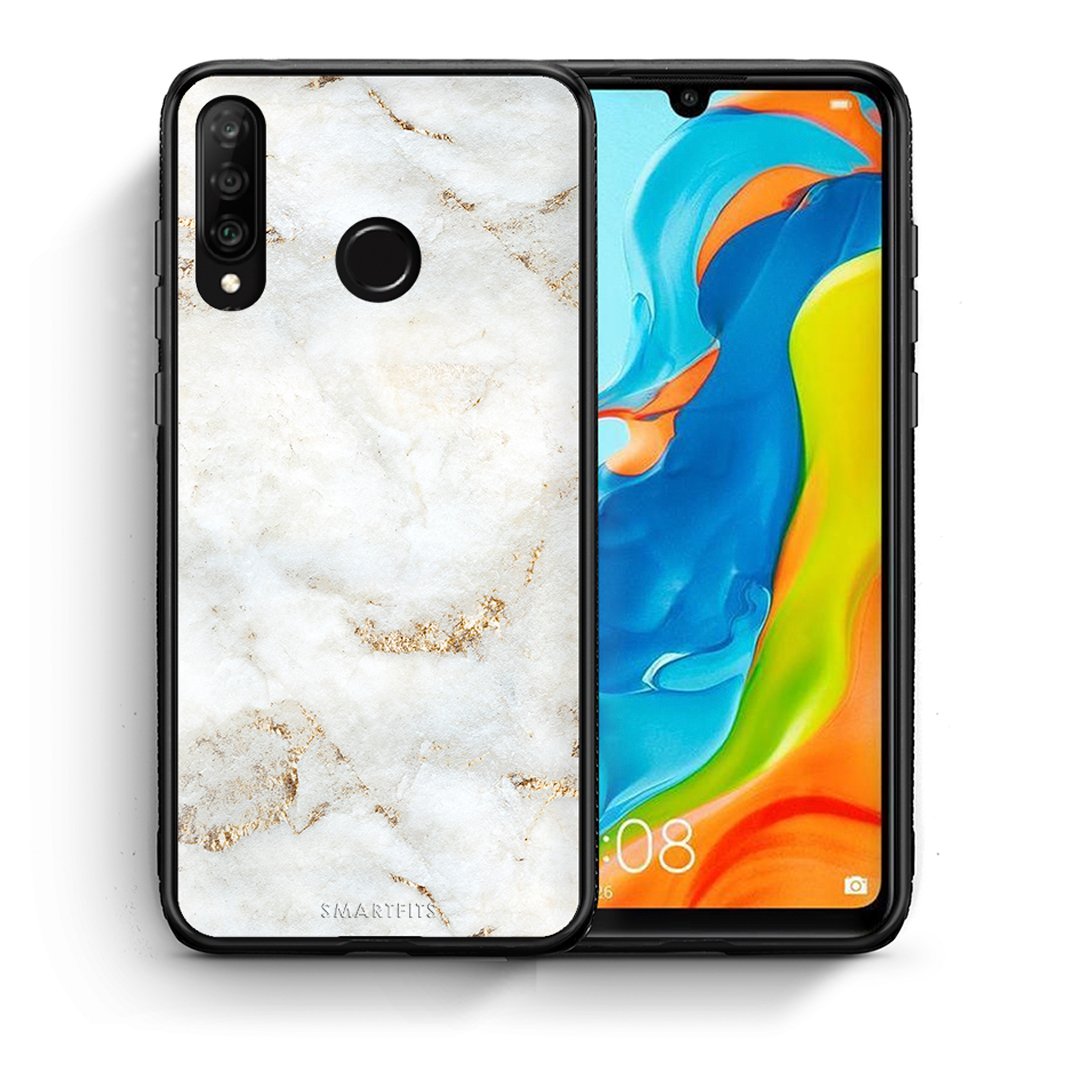 Θήκη Huawei P30 Lite White Gold Marble από τη Smartfits με σχέδιο στο πίσω μέρος και μαύρο περίβλημα | Huawei P30 Lite White Gold Marble case with colorful back and black bezels