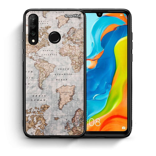Θήκη Huawei P30 Lite World Map από τη Smartfits με σχέδιο στο πίσω μέρος και μαύρο περίβλημα | Huawei P30 Lite World Map case with colorful back and black bezels