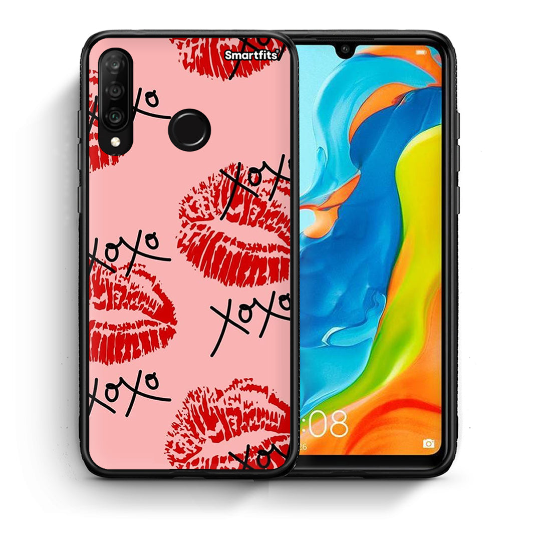 Θήκη Huawei P30 Lite XOXO Lips από τη Smartfits με σχέδιο στο πίσω μέρος και μαύρο περίβλημα | Huawei P30 Lite XOXO Lips case with colorful back and black bezels