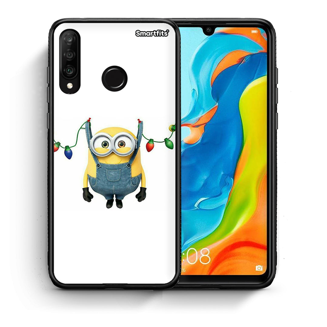 Θήκη Huawei P30 Lite Xmas Minion Lights από τη Smartfits με σχέδιο στο πίσω μέρος και μαύρο περίβλημα | Huawei P30 Lite Xmas Minion Lights case with colorful back and black bezels