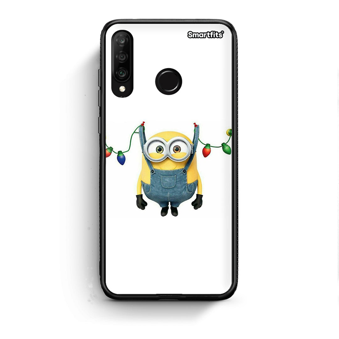 Huawei P30 Lite Xmas Minion Lights θήκη από τη Smartfits με σχέδιο στο πίσω μέρος και μαύρο περίβλημα | Smartphone case with colorful back and black bezels by Smartfits