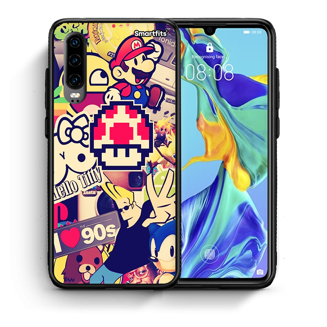 Θήκη Huawei P30 Love The 90s από τη Smartfits με σχέδιο στο πίσω μέρος και μαύρο περίβλημα | Huawei P30 Love The 90s case with colorful back and black bezels
