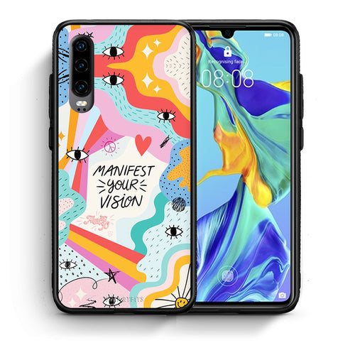 Θήκη Huawei P30 Manifest Your Vision από τη Smartfits με σχέδιο στο πίσω μέρος και μαύρο περίβλημα | Huawei P30 Manifest Your Vision case with colorful back and black bezels